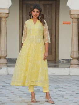 ARAMYA - Women Yellow Organza V-Neck Embroidered Thread Work Kurta with Pant