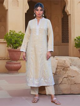 ARAMYA - Women Beige Chinon Mandarin Neck Embroidered Thread Work Kurta with Pant