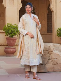 ARAMYA - Women Beige Chinon Mandarin Neck Embroidered Thread Work Kurta with Pant and Dupatta