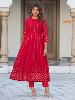 ARAMYA - Women Red Georgette Round Neck Embroidered Thread Work Kurta with Pant