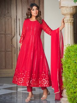 ARAMYA - Women Red Georgette Round Neck Embroidered Thread Work Kurta with Pant and Dupatta