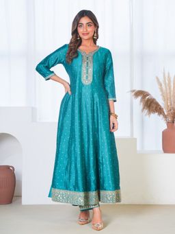 ARAMYA - Women Teal Poly Silk Round Neck Polka Dots Printed Kurta with Pant