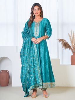 ARAMYA - Women Teal Poly Silk Round Neck Printed Kurta with Pant and Dupatta