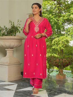 ARAMYA - Women Pink Chinon V-Neck Floral Embroidered Kurta with Palazzo