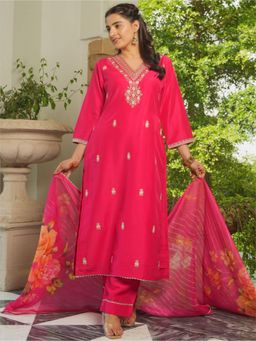ARAMYA - Women Pink Chinon V-Neck Floral Embroidered Kurta with Palazzo and Dupatta