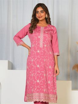 ARAMYA - Women Pink Embroidered Straight Kurta