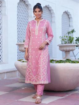 ARAMYA - Women Pink Chinon Mandarin Neck Embroidered Thread Work Kurta with Pant