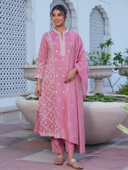 ARAMYA - Women Pink Chinon Mandarin Neck Embroidered Thread Work Kurta with Pant and Dupatta