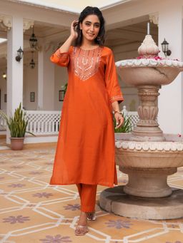 ARAMYA - Women Rust Poly Silk Round Neck Embroidered Kurta with Pant