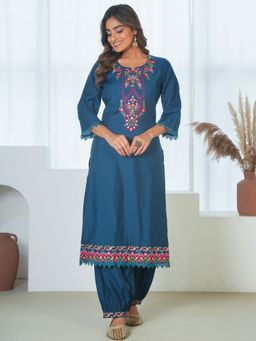 ARAMYA - Women Teal Silk Blend Round Neck Floral Embroidered Kurta with Salwar