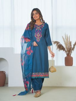 ARAMYA - Women Teal Silk Blend Round Neck Floral Embroidered Kurta with Salwar and Dupatta