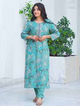ARAMYA - Women Green Pure Cotton Round Neck Floral Printed Kurta with Pant