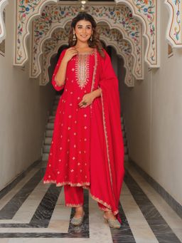 ARAMYA - Women Red Poly Silk Round Neck Embroidered Thread Work Kurta with Pant and Dupatta