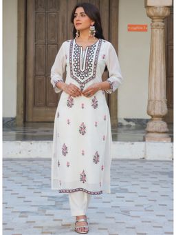 ARAMYA - Women White Organza Round Neck Floral Embroidered Kurta with Pant