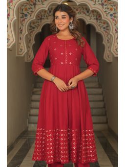 ARAMYA - Women Red Embroidered Flared Kurta