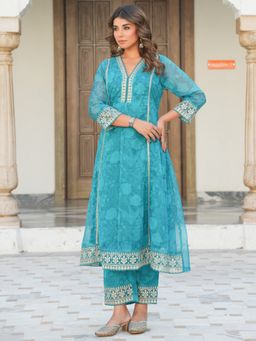 ARAMYA - Women Turquoise Organza V-Neck Floral Embroidered Kurta with Palazzo