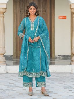 ARAMYA - Women Turquoise Organza V-Neck Floral Printed Kurta with Palazzo and Dupatta