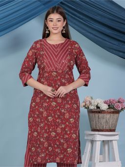 ARAMYA - Women Red Floral Straight Kurta