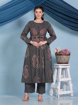 ARAMYA - Women Black Pure Cotton Round Neck Paisley Printed Kurta with Pant