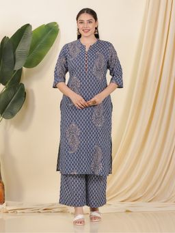 ARAMYA - Women Navy Blue Pure Cotton Round Neck Paisley Printed Kurta with Palazzo