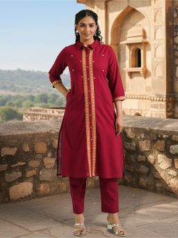 ARAMYA - Women Maroon Pure Cotton Collar Neck Embroidered Thread Work Kurta with Pant