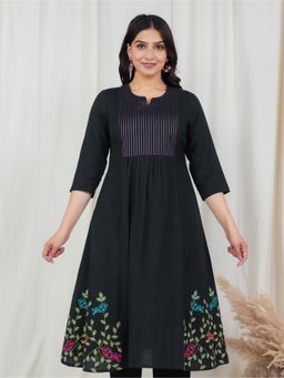 ARAMYA - Women Black Floral Flared Kurta