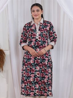 ARAMYA - Women Black Floral Straight Kurta