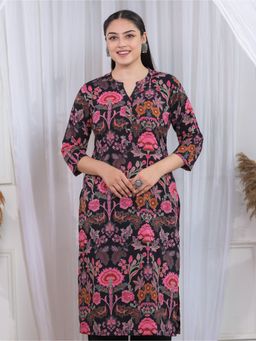 ARAMYA - Women Black Floral Straight Kurta