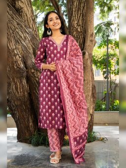 Atha Fashion - Purple Royal Plum Straight Kurta with Pant & Dupatta