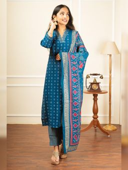 Atha Fashion - Blue Neel Kamal Bandhani Kurta with Pant & Dupatta