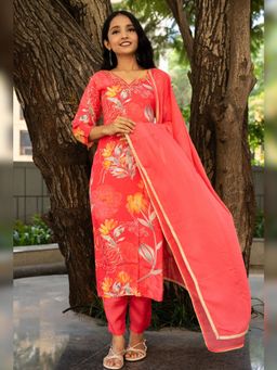 Atha Fashion - Vivid Pink Floral Fantasy Kurta with Pant & Dupatta
