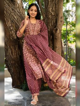 Atha Fashion - Purple Celestial Floral Garden Handblock Kurta with Salwar & Dupatta