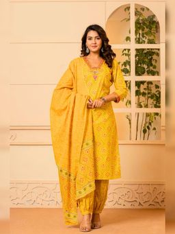 Atha Fashion - Daffodil Dreams Bandhani Straight Kurta with Salwar & Dupatta