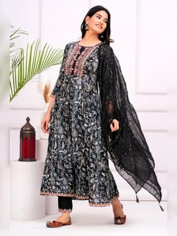 Atha Fashion - Navy Blue Midnight Bloom Anarkali Kurta with Pant & Dupatta