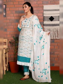 Atha Fashion - White Azure Bloom Kurta with Pant & Dupatta