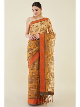 Soch - Women Mustard Organza Woven Saree with Unstitched Blouse