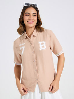 Styli - Women Beige Regulat Length Varsity Print Shirt