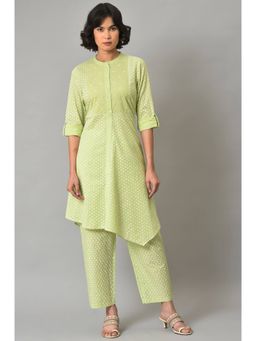 W - Green Geometric Kurta-Slim Pant (Set of 2)