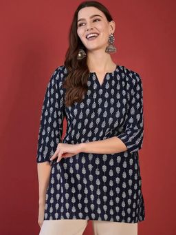 Gahan - Womens Navy Blue Floral Printed Cotton Blend Short Kurti