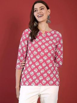 Gahan - Womens Pink Floral Printed Cotton Blend Short Kurti