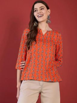 Gahan - Womens Orange Printed Cotton Blend Short Kurti