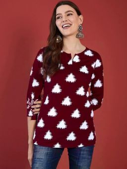 Gahan - Womens Maroon Printed Cotton Blend Short Kurti