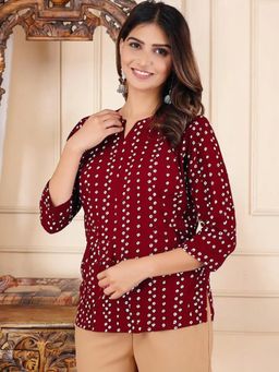 Gahan - Womens Maroon Printed Cotton Blend Short Kurti