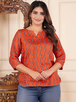 Gahan - Womens Orange Printed Cotton Blend Short Kurti