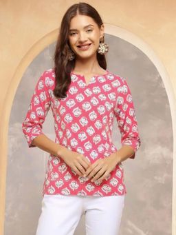 Gahan - Womens Pink Floral Printed Cotton Blend Short Kurti