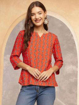 Gahan - Womens Orange Floral Printed Cotton Blend Short Kurti