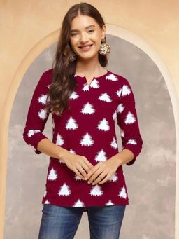 Gahan - Womens Maroon Printed Cotton Blend Short Kurti