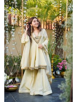 Gahan - Womens Cream Chinon Embroidered Kurta with Sharara & Dupatta
