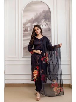 Gahan - Black Womens Soft Assam Silk Digital Printed Kurta Pant & Dupatta