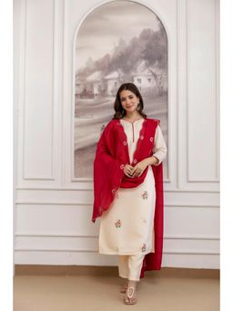 Gahan - Cream Womens Embroidered Chanderi Round Neck Kurta with Pant & Dupatta